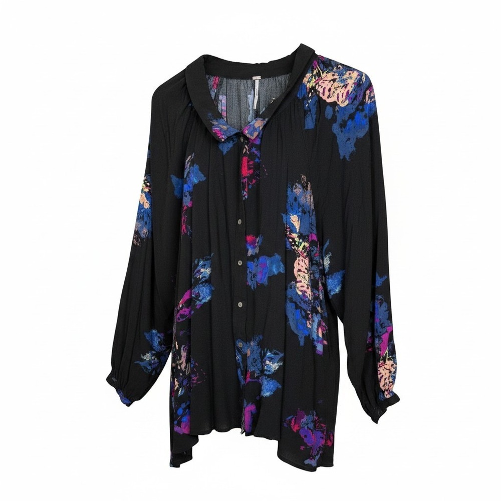 Free People Women Floral Button Down Tunic Large Black Blue Pink Boho Artsy Flow